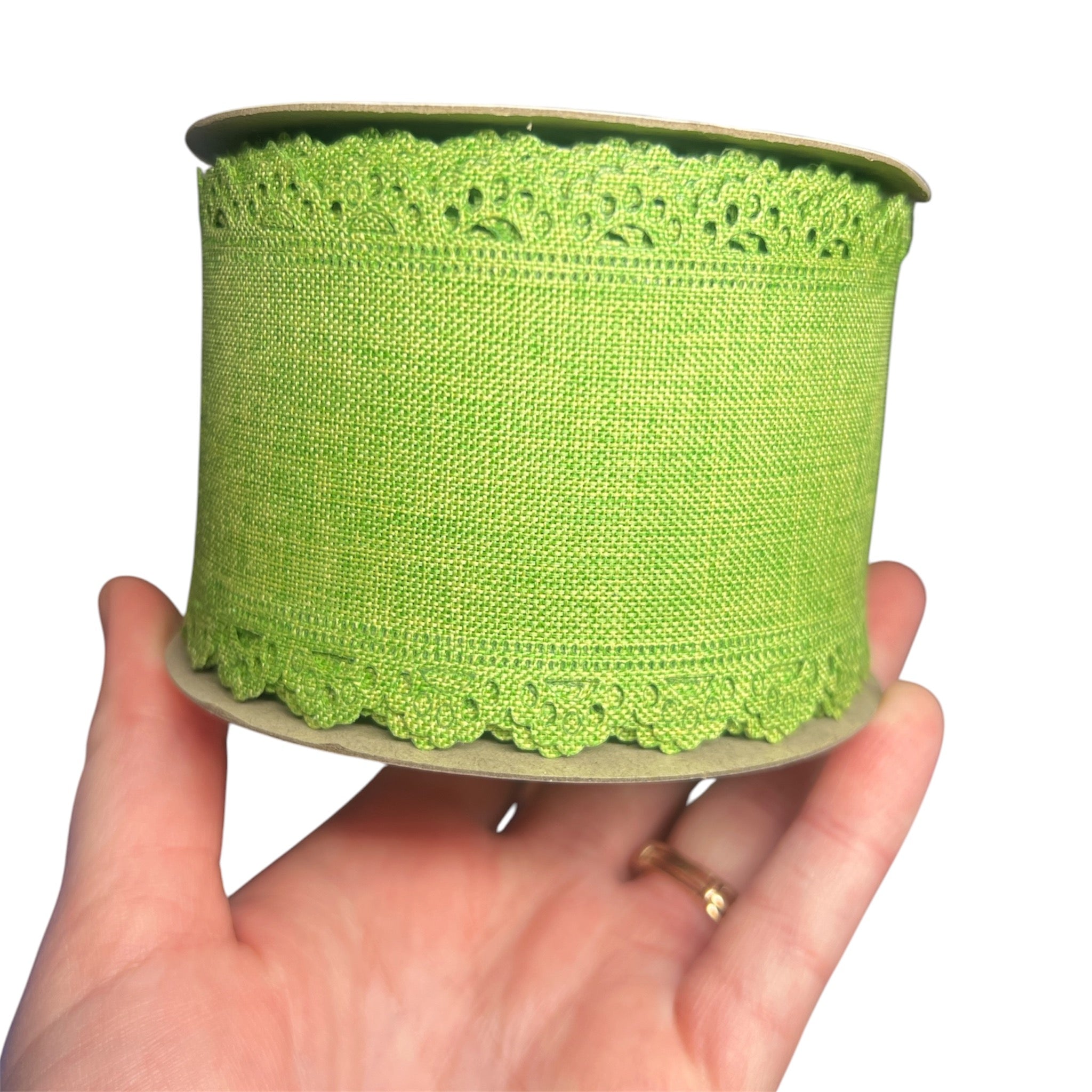 10 yard roll of 2.5" Grinch Green THICK Canvas Scallop Edge